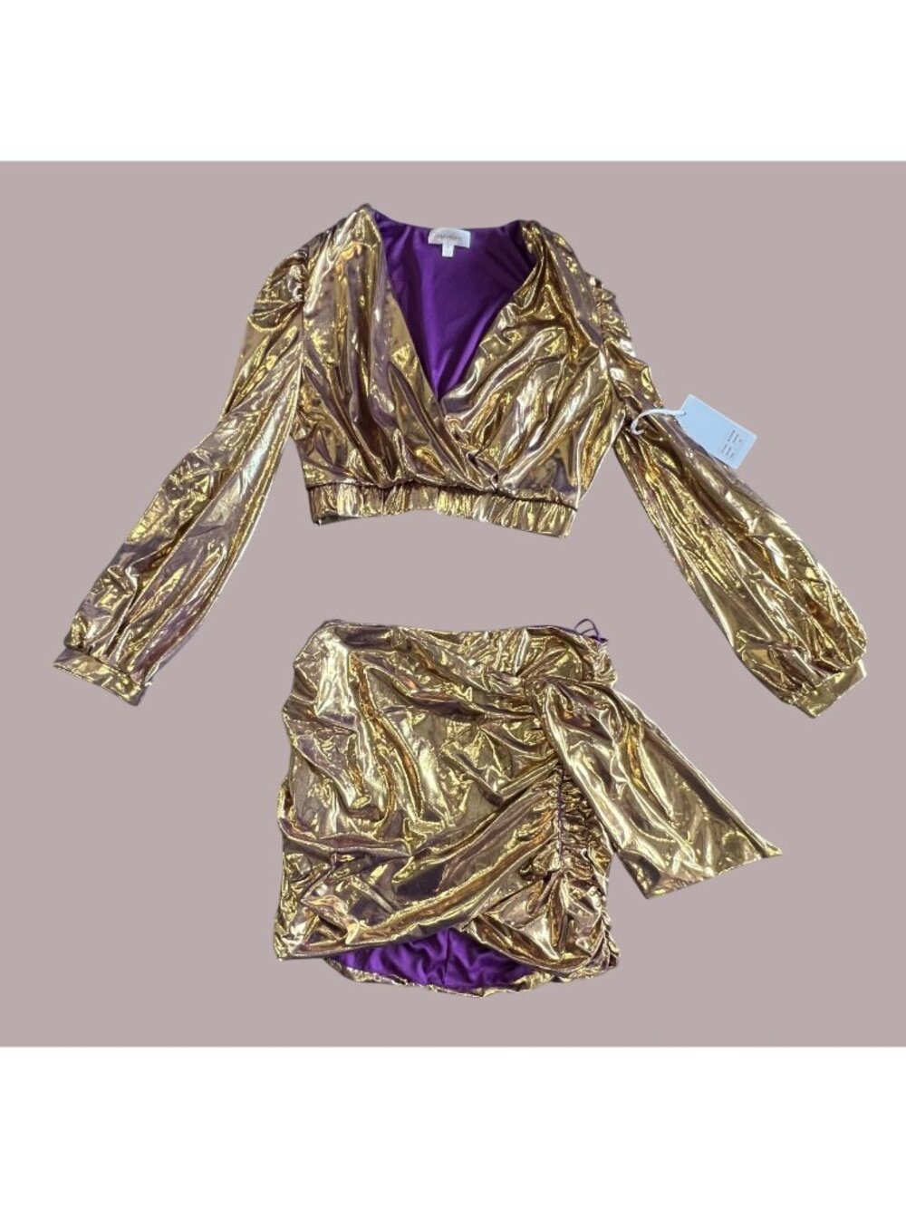 Rosevelvet Metallic Gold Crop Top & Skirt Set Size M Purple Lining Long Sleeves